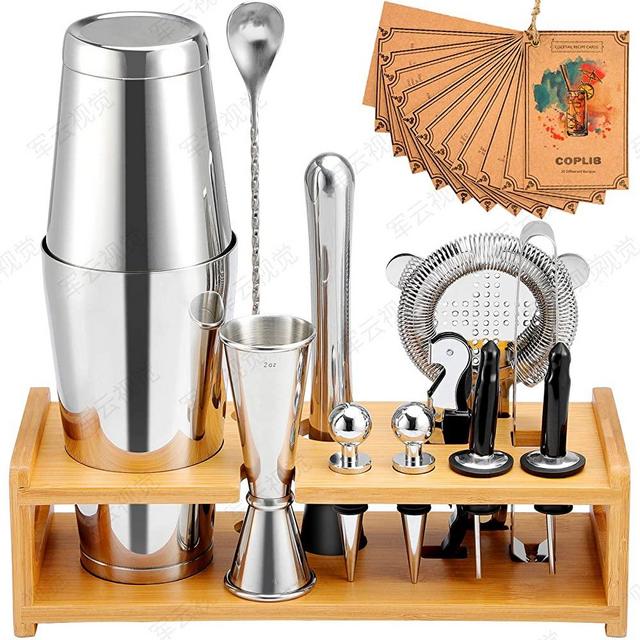 COPLIB 13 Pcs Rustproof Bartender Kit Cocktail Shaker Set with Stylish Stand, 304 Stainless Steel Bar Sets with 18-25oz Thicker Shaker Tins, Double Jigger,Muddler,Tongs,Spoon,Strainer, Pourers,Opener