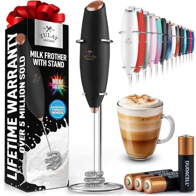 Zulay Kitchen Tornado Whisk Milk Frother with 4 AA Duracell Batteries - Triple Whisk for More Power - Handheld Coffee Frother with Stand - Drink Mixer for Lattes, Matcha & Protein Shakes