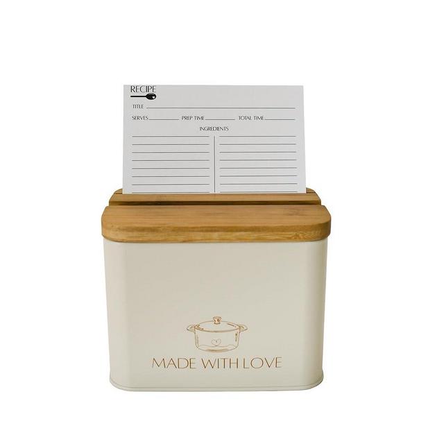 White Recipe Box With Cards And Dividers | Metal Recipe Card Holder w/ Bamboo Lid | 35 Modern Recipe Cards And Box Set | Recipe Card Box Organizer with 10 Dividers | Recipe Tin for Kitchen