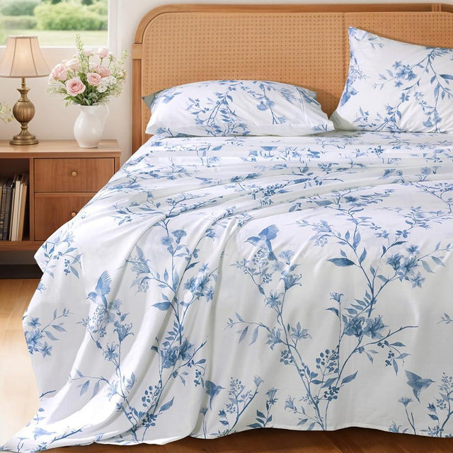 Shilucheng 100% Cotton Sheets Set - 1000 Thread Count，Luxury Cotton Floral Bed Sheets，Breathable & Cooling Printed Bedding, 16 Inch Deep Pocket - 4 Piece (Queen,Blue & White)