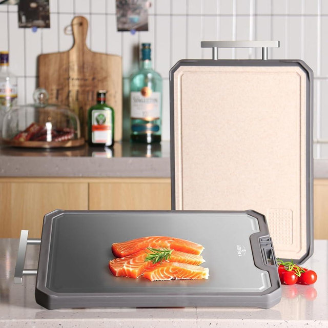Food-Grade Titanium Cutting Board for Kitchen - Double-Sided Titanium/Wheat Straw Cutting Board with Handle and Stand Design - Effortless Cleaning Chopping Board for a Healthier Kitchen - 16" x 11"