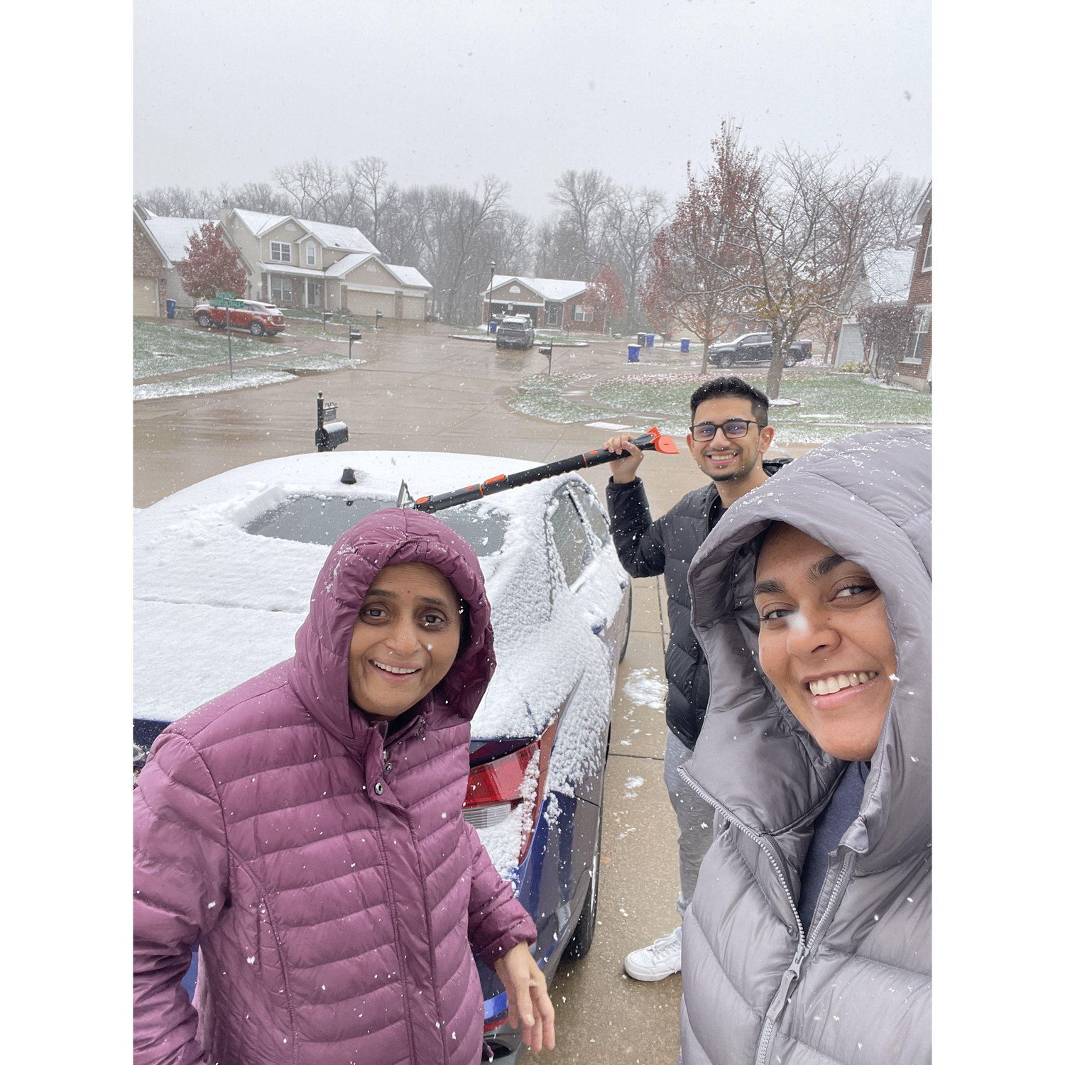 Shivani, Arjun, and her Grandma after Thanksgiving on their way back to Chicago during a snow storm!!