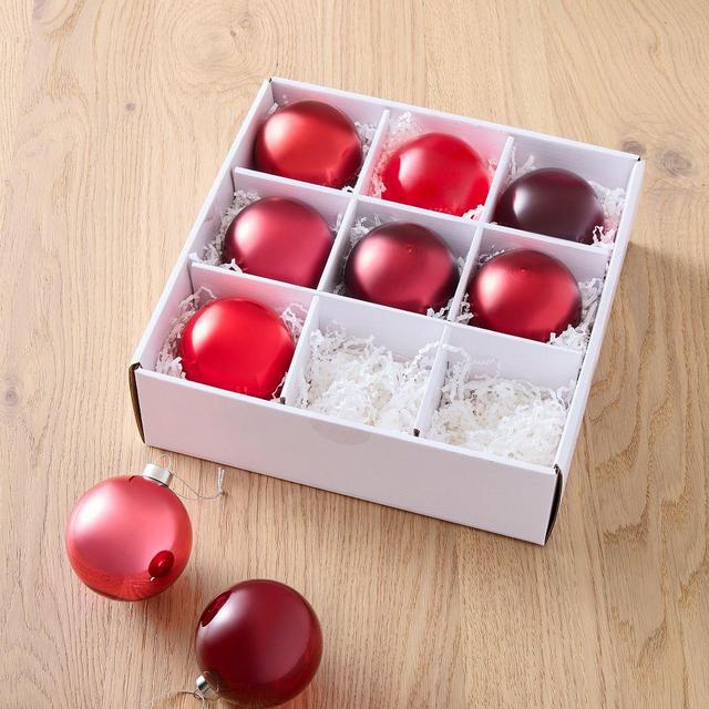 Tonal Red Medium Glass Ball Ornament Box Set, Set of 9
