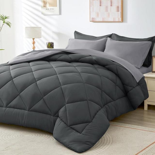 HEVUMYI Queen Comforter Set - 7-Piece All Season Bed in a Bag Queen, Ultra Soft Bedding Set with Comforter, Flat Sheet, Fitted Sheet, Pillowcases, Pillow Shams, Dark Grey & Light Grey
