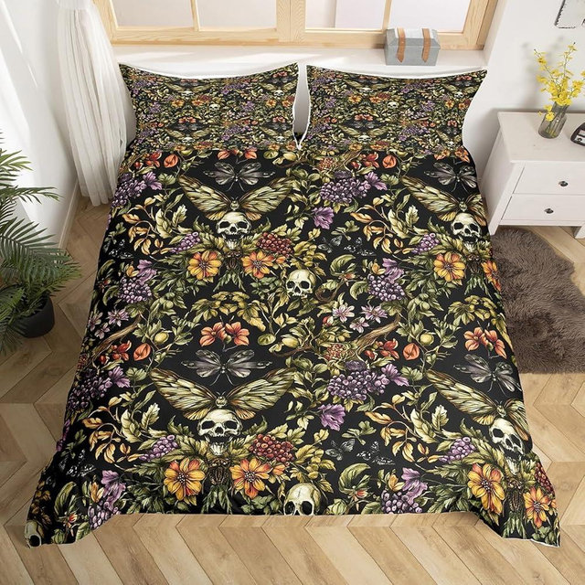 Feelyou Sugar Skull Duvet Cover Tree Leaves Bedding Set for Kids Room Decor Death Moth Green Camouflage Camo Gothic Skull Comforter Cover Set King Size Botanic Bedspread Cover 3Pcs Zipper,No Comforter