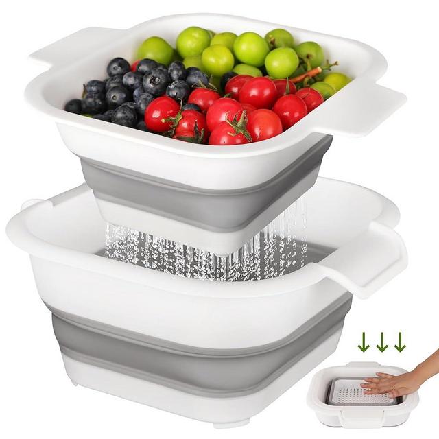 Collapsible Colander Set with Strainer Bowl, 2 in 1 Fruit Washing Basket with Strainer, 5 + 3 QT Plastic Colander for Kitchen, Foldable Double Layered Colander Bowl for Berry, Vegetable, Grey & White