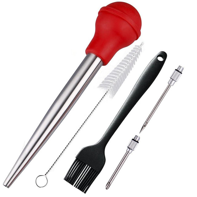 zoyizi Turkey Baster, Baster Syringe for Cooking, Stainless Steel Baster with Marinade Injector Neddles &BBQ Brush & Cleaning Brush, Silicone Bulb, Stainless Steel Turkey Baster Set 5, Color Red