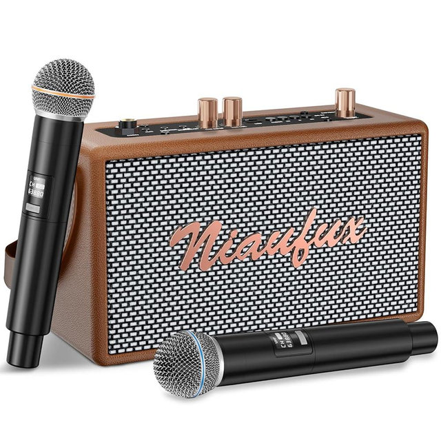 Retro Karaoke Machine with Two Wireless Microphones, Portable Bluetooth Speaker for Adults and Kids, Rechargeable PA System for Home Party, AUX/USB/TF/OTG Support, Vintage Decor Gifts - Brown