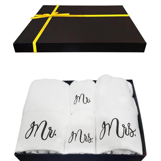 Mr and Mrs Towels Set with Gift Box - 4 Pack Bath and Hand Towels for Couples - Cotton Towels Set - Wedding & Honeymoon Gifts for the Couples - White Bathroom Towel Set with Black Embroidery