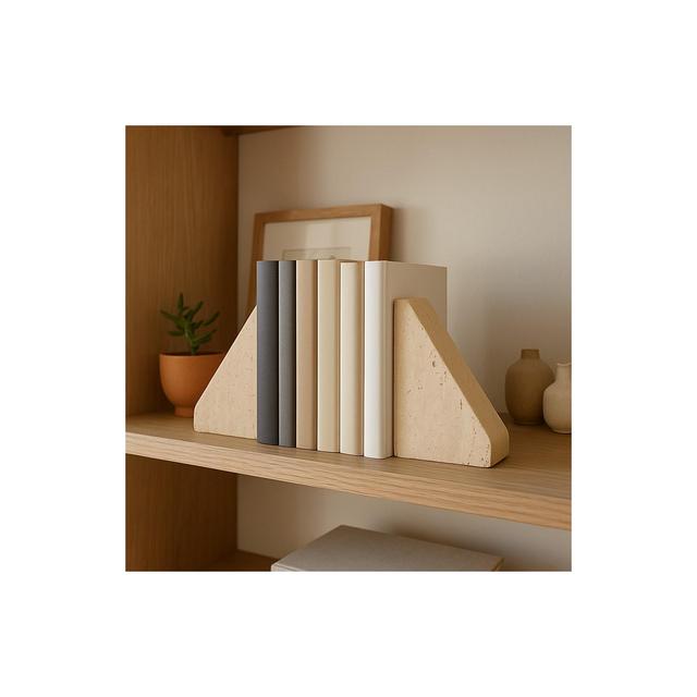 Decorative Travertine Triangle Bookends - Stylish Book Accessories for Home Library, Bookshelf, Office, or Desk Decoration - Set of 2, 5", Tan
