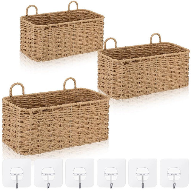 Ferrochef 3 Piece Wall Hanging Baskets for Organizing Paper Rope Woven Baskets Sets Boho Style Storage Bins for Fruits Vegetable Kitchen Storage Farmhouse Wall Decor Housewarming Gifts