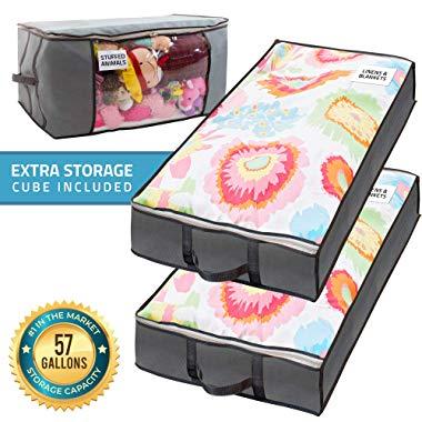 SmartCube Underbed Storage Bag – 2 Large Under-the-Bed Storage Containers plus Organizer Bin with Reinforced Handles and Metal Zippers – Foldable Under-Bed Storage Bags and Containers by Nest Neatly