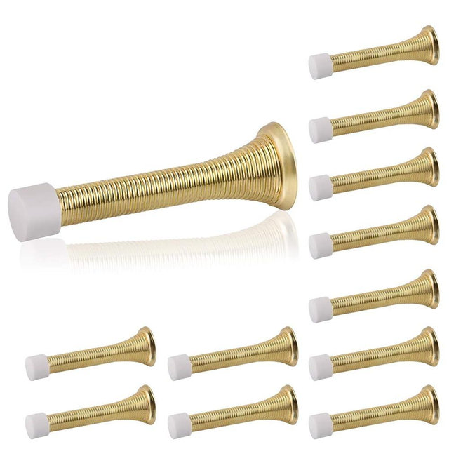 HOMOTEK 12 Pack Spring Door Stopper with Rubber Bumper 3-1/8" Flexible Spring Heavy Duty Wall Door Stop Low Mounted Door Bumper for Home (Bright Brass)
