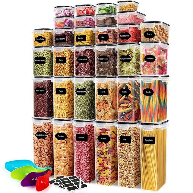 32 Pack Airtight Food Storage Containers With Lids BPA Free,Cereal Containers Storage for Kitchen Pantry Organization and Storage, Dishwasher safe,Include Labels Marker Spoon Set,Cereal, Flour Sugar