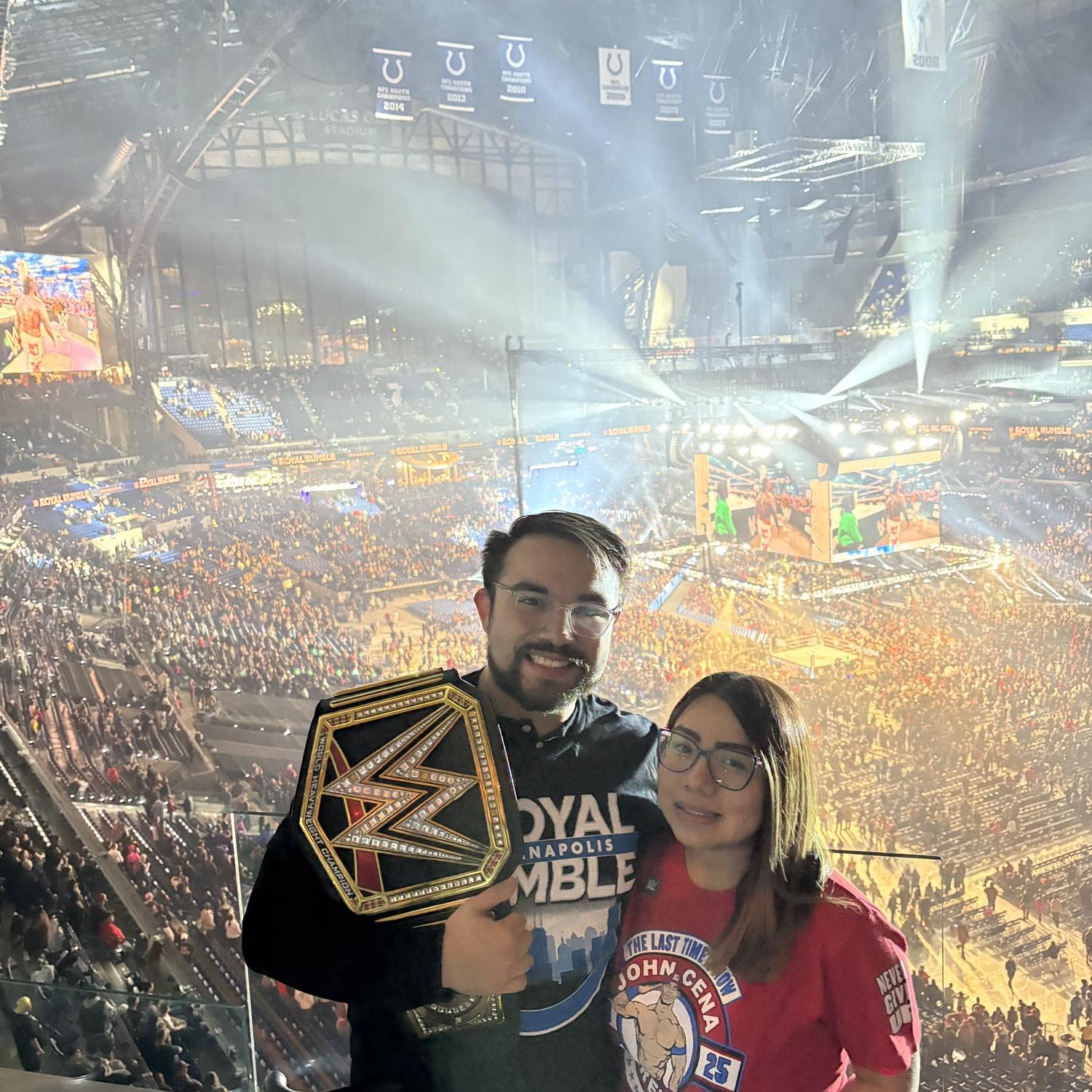 Royal Rumble 2025.
Growing up, Abby was always shy to admit she liked WWE, who knew that her perfect match was also a fan.