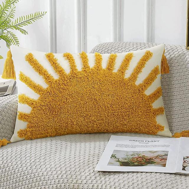 Adabana Decorative Boho Throw Pillow Covers 12x20,Colorful Lumbar Pillow Covers Cotton Sun Tufted Pillows Cover Cases with Tassels for Couch Yellow White