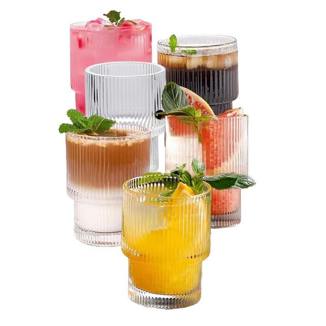 XKXKKE 7 oz Ribbed Drinking Glasses Set of 6, Clear Vintage Iced Coffee Cups Glassware, Highball Glasses Ridged Glass Tumbler for Coocktail, Whiskey, Beer, Water