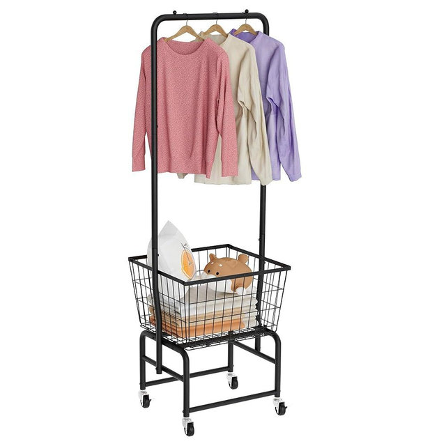 SIMHOMSTOR Rolling Laundry Cart with Wheels, Laundry Hamper Basket Organizer with Clothes Hanging Rack, Wire Storage Cloth Shelf Butler, Black