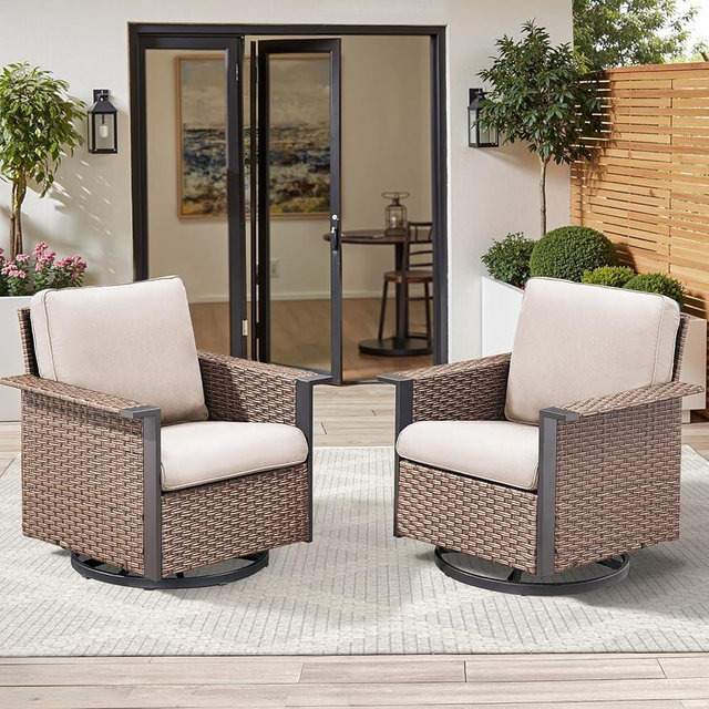 Buenhomino Outdoor Swivel Rocker Patio Chairs - All-Weather Patio Swivel Rocking Chairs Set of 2 Glider Rattan Chair 2 Piece Patio Furniture Sets for Deck Porch Pool - Beige/Brown