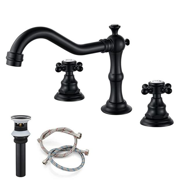 Matte Black Bathroom Sink Widespread Faucet Mixing Tap Deck Mount Double Cross Knobs 3 Hole with Pop Up Drain
