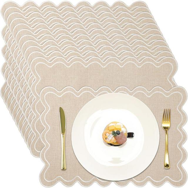 Gandeer Linen Placemats Set of 12 Scalloped Placemat 13 X19 Wavy Embroidery Double Layered Washable Farmhouse Dinner Fabric Table Mat Napkin for Wedding Party Christmas Hotel Restaurant(Cream)