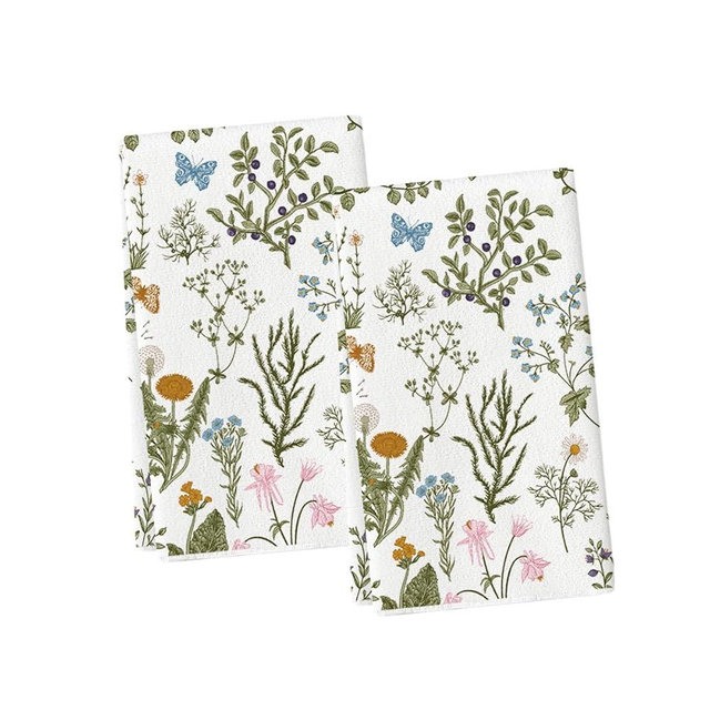 Artoid Mode Wildflowers Floral Spring Kitchen Towels Dish Towels, 18x26 Inch Seasonal Summer Butterfly Decoration Hand Towels Set of 2