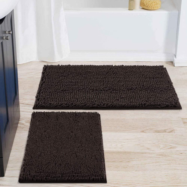 smiry Bathroom Rugs and Mats Set, 2 Piece Chenille Bath Mat Set, Machine Wash Dry, Non Slip Absorbent Shaggy Bath Rug for Bath Room, Shower and Tub (20" x 32"+17" x 24", Brown)