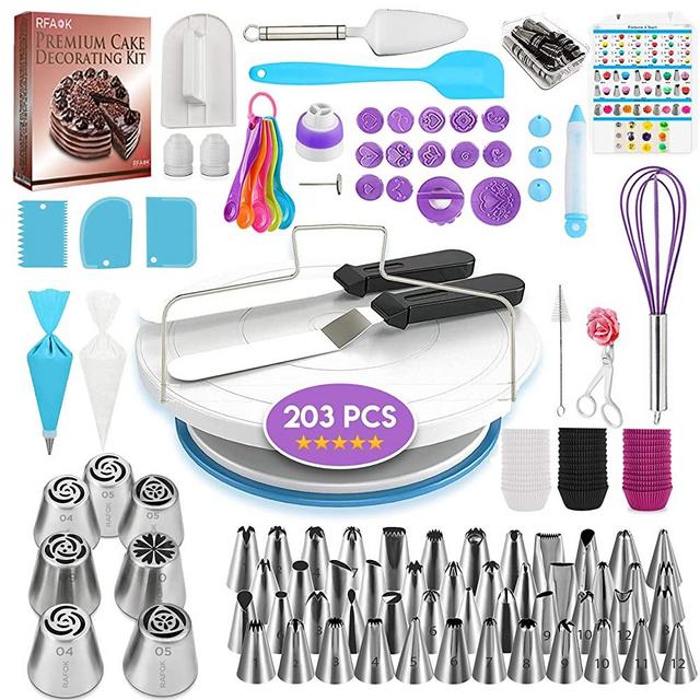 203 PCs Cake Decorating Supplies Kit for Beginners-1 Turntable stand- Cake server & knife set-48 Numbered Easy to use icing tips with pattern chart and E.Book-7 Russian Piping nozzles -2 Spatulas