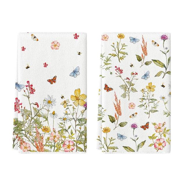 Artoid Mode Butterfly Wild Flowers Spring Kitchen Towels Dish Towels, 18x26 Inch Daily Seasonal Summer Decoration Hand Towels Set of 2