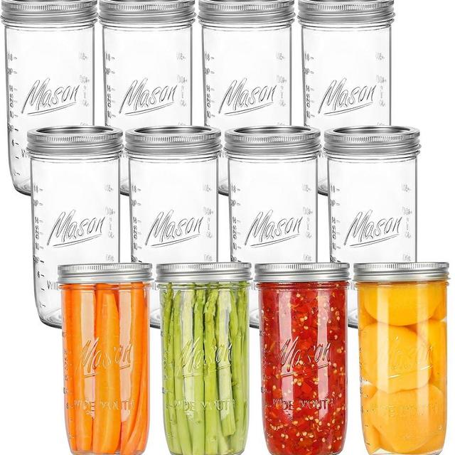 24 oz Wide Mouth Mason Jars - Canning Jars with Metal Airtight Lids and Bands, 24 ounce Mason Glass Jars for Fermenting, Pickling, Meal Prep, Overnight Oats, Jam, Jelly, DIY Projects (12 pack)