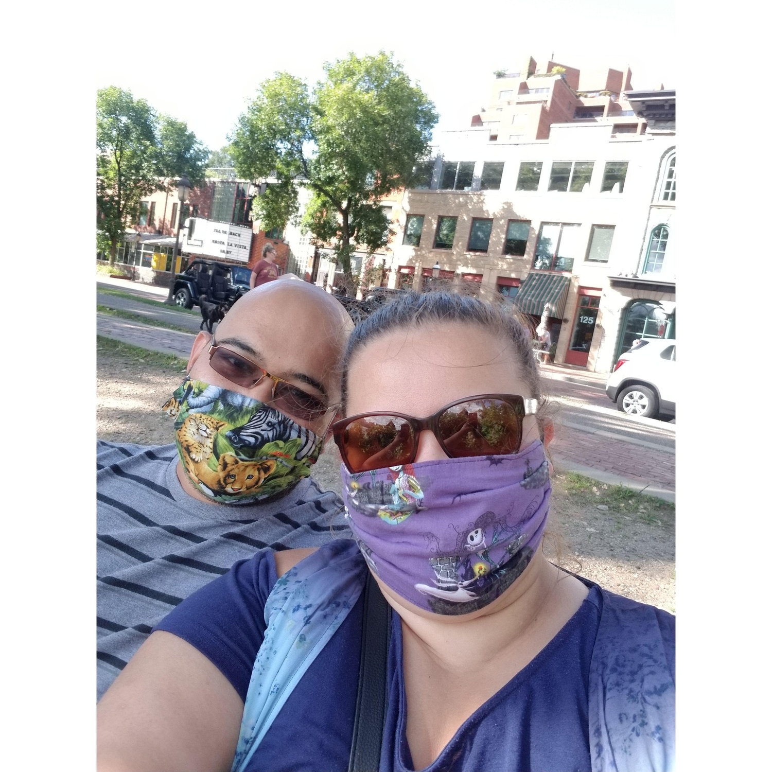 July 2020, after we got engaged, on a bench we sat on during our second date