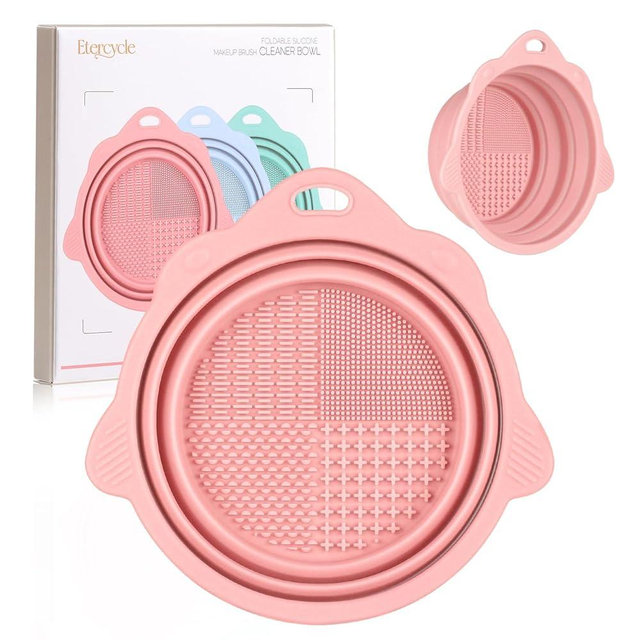 Foldable Silicone Makeup Brush Cleaner Bowl - Etercycle Portable Cleaning Tool for Brushes, Powder Puffs, and Sponges (Pink)