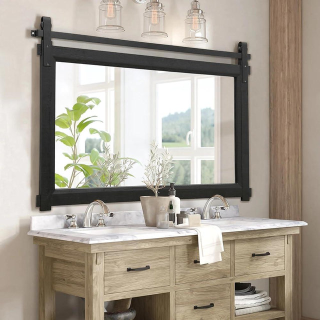 Besdomus Bathroom Black Farmhouse Mirror: 42"x28" Barn Door Rustic Solid Wood Frame - Wall Mirror for Fireplace/Living Room/Bathroom - Home Decor for Homemakers