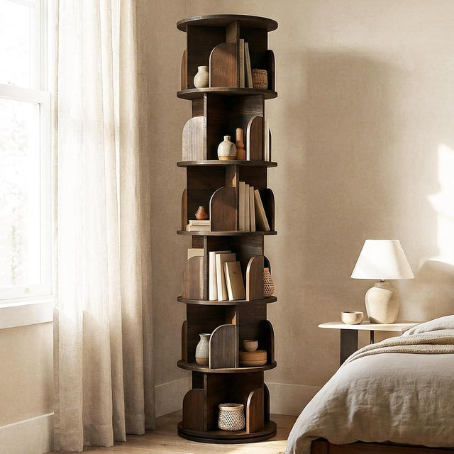 Maison Atelier 6-Tier Rotating Bookshelf with 18″ Wide Shelves, Solid Wood Bookcase for Living Room, Bedroom & Kids Room, Space-Saving Corner Bookshelf with Lazy Susan Turntable - [Walnut]
