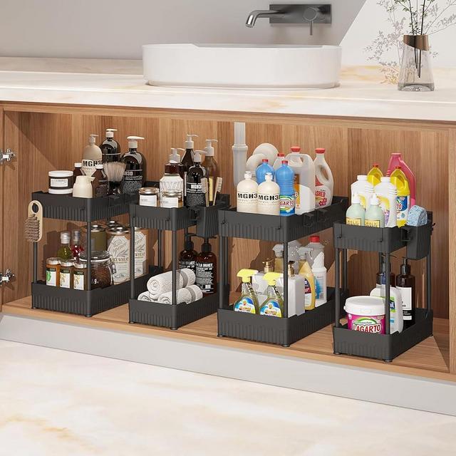 Sevenblue 4 Pack Under Sink Organizers and Storage,Under Bathroom Cabinet Organizer with Hooks Hanging Cup,Multi-Purpose Storage Shelf for Kitchen Bathroom,Black (4 Pack Black)
