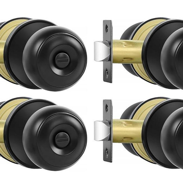 RAZCC Privacy Door Knobs, 4 Pack Matte Black Door Knobs with Lock, Bed and Bath Door Knob Interior Keyless Locksets, Round Door Handles Reversible for Left Right Handed Doors