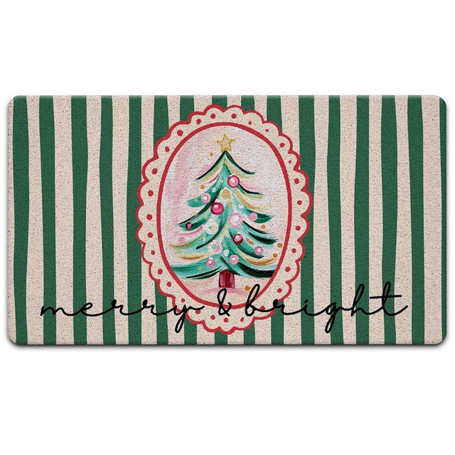 JINYO Preppy Christmas Tree Door Mat, Merry and Bright Christmas Doormat Indoor Outdoor Outside Entrance Entryway, Xmas Green Striped Festive Holiday Welcome Mat for Front Door Porch, 17x30 Inch