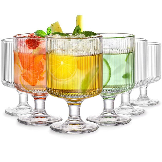 DEAYOU Set of 6 Ribbed Vintage Wine Glasses, 8 oz Clear Fluted Water Goblet Glasses, Unique Short Stem Cocktail Glasses for Iced Tea, Juice, Whiskey, Beer, Dessert, Party