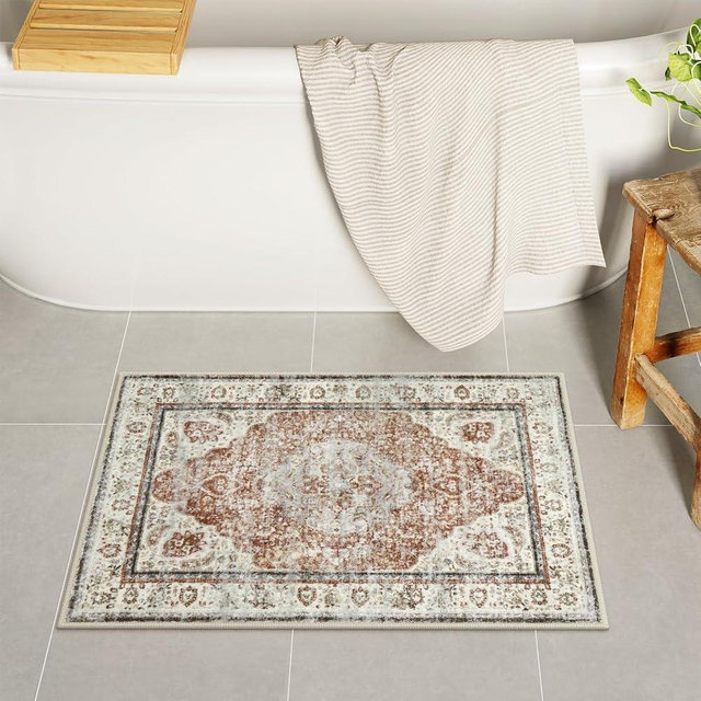Uphome Orange Bath Mat, Distressed Farmhouse Boho Bathroom Rugs, Super Cozy Velvet Small Bathroom Mats, Non Slip Machine Washable Bathroom Floor Mat for Toilet Sink Shower, 18x26 inch