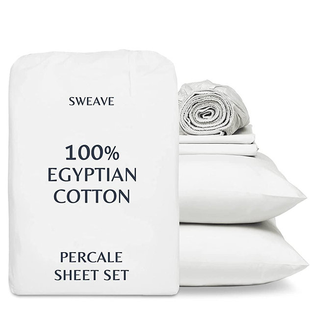 Sweave 100% Egyptian Cotton Percale Weave King Size Sheet Set - Luxurious 400 Thread Count, Breathable, Hypoallergenic, Cool, Crisp, Double Elastic - Oeko-TEX Certified - Softer After Every Wash