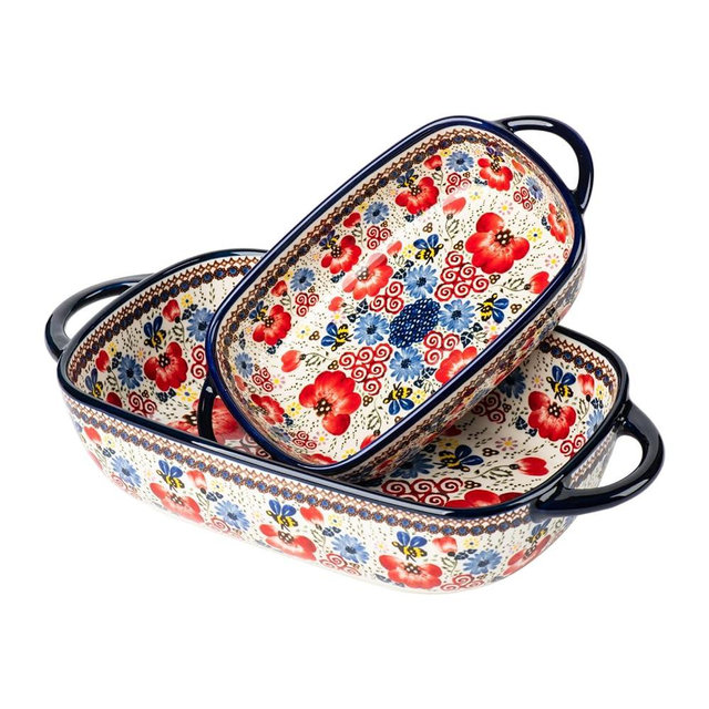 ONECCI Baking Dish Ceramic Baking Pan Blue Casserole Dish Rectangular Baking Set 2pcs Bakeware Sets Lasagna Pan Baking Dishes for oven(Honey Flower)