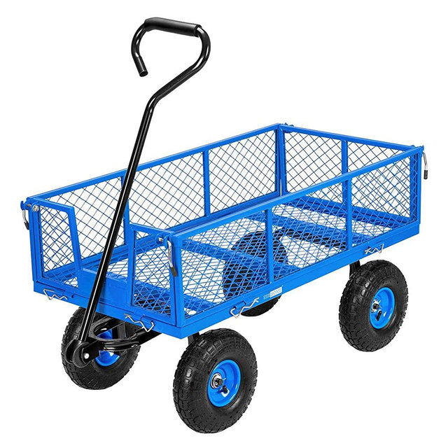 VIVOHOME Heavy Duty 880 Lbs Capacity Mesh Steel Garden Cart Folding Utility Wagon with Removable Sides and 4.10/3.50-4 inch Wheels (Blue)