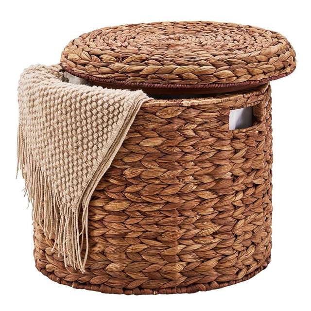 LGENHOOM 17" Round Storage Ottoman with Lid Handwoven Water Hyacinth Accent Side Table, Storage Container, Footstool for Living Room, Bedroom, Cloakroom, Home Office