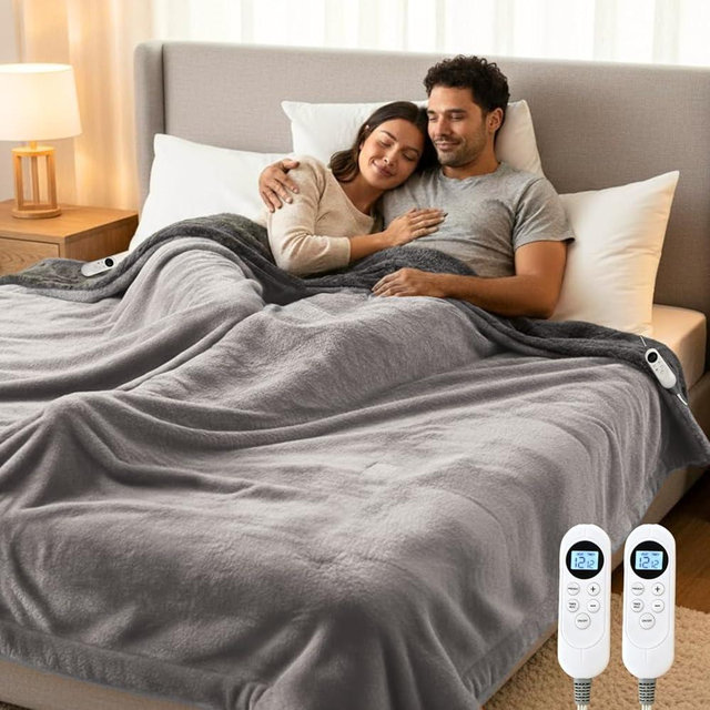 Eastsora Heated Blanket Electric Blanket King 90"x100" Dual Control Flannel Heating Blanket with 12 Heat Levels 12H Timer Auto Shut-Off Overheat Protection Soft & Cozy Machine Washable