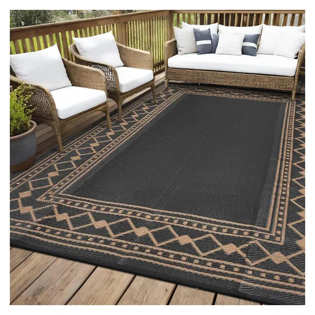 Outdoor Rug 8x10,Waterproof Patio Rugs,Modern Bordered Reversible Mat, Foldable Plastic Straw Carpet for Travel,Picnic,Porch,Camper,Balcony,Beach