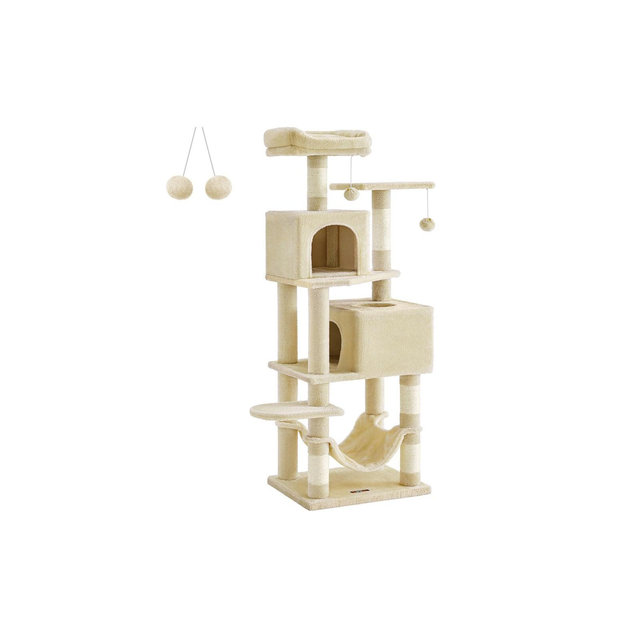 Feandrea Cat Tree, 59.5-Inch Tall Cat Tower, Plush Multi-Level Condo with 5 Scratching Posts, 2 Perches, 2 Caves, Hammock, 2 Pompoms, Beige