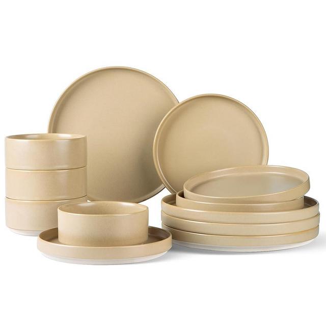 TheTerra Ceramic Dinnerware Sets for 4, 12 Pieces Handmade Reactive Glaze Plates and Bowls Set, Scratch Resistant Dish Set, Oven & Microwave & Dishwasher Safe, Ivory Cream