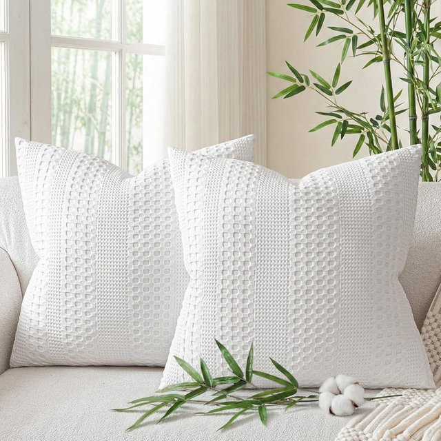 a moment 2 Pack Bamboo Fiber Pillow Covers - Waffle Weave, Ultra Soft & Breathable, Skin-Friendly Cotton Throw Pillow for Couch, Sofa, Bedroom Living Room 20x20 Inch White