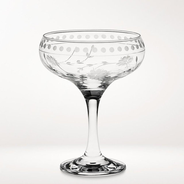 Vintage Etched Coupe Glasses, Set of 8, Clear
