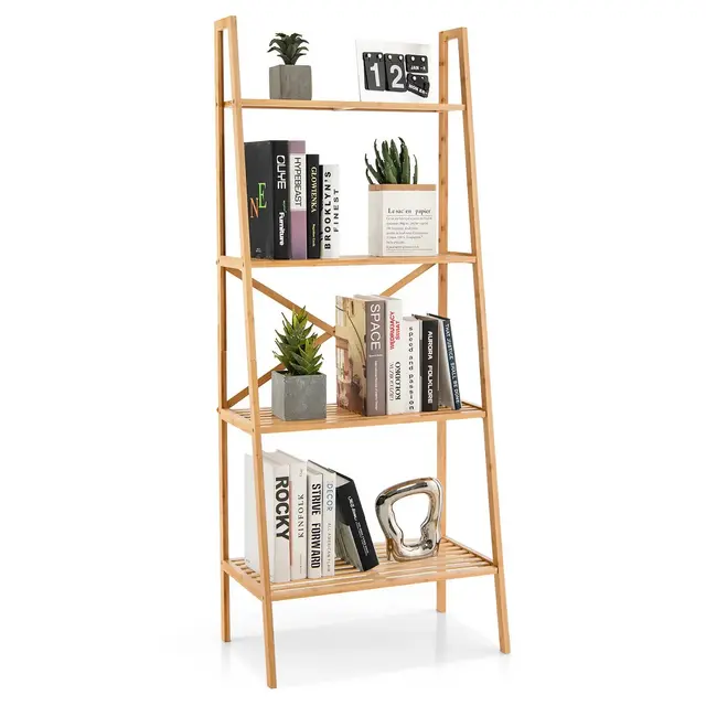 Tangkula 4-Tier Bamboo Ladder Bookshelf 58" Display Shelf Storage Rack Plant Flower Stand